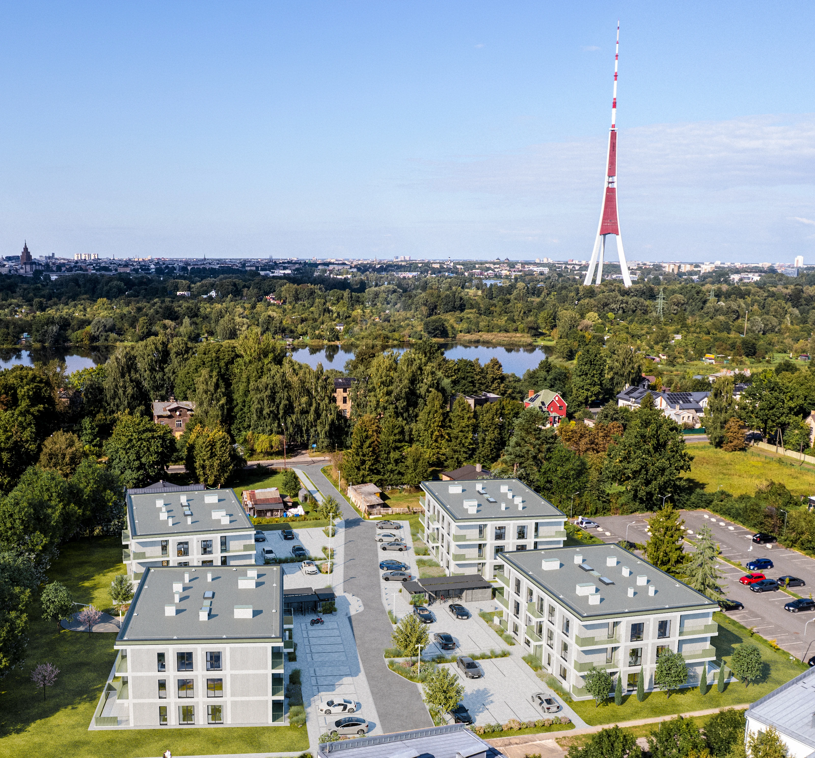 Aerial render of the quarter in its Riga surroundings
