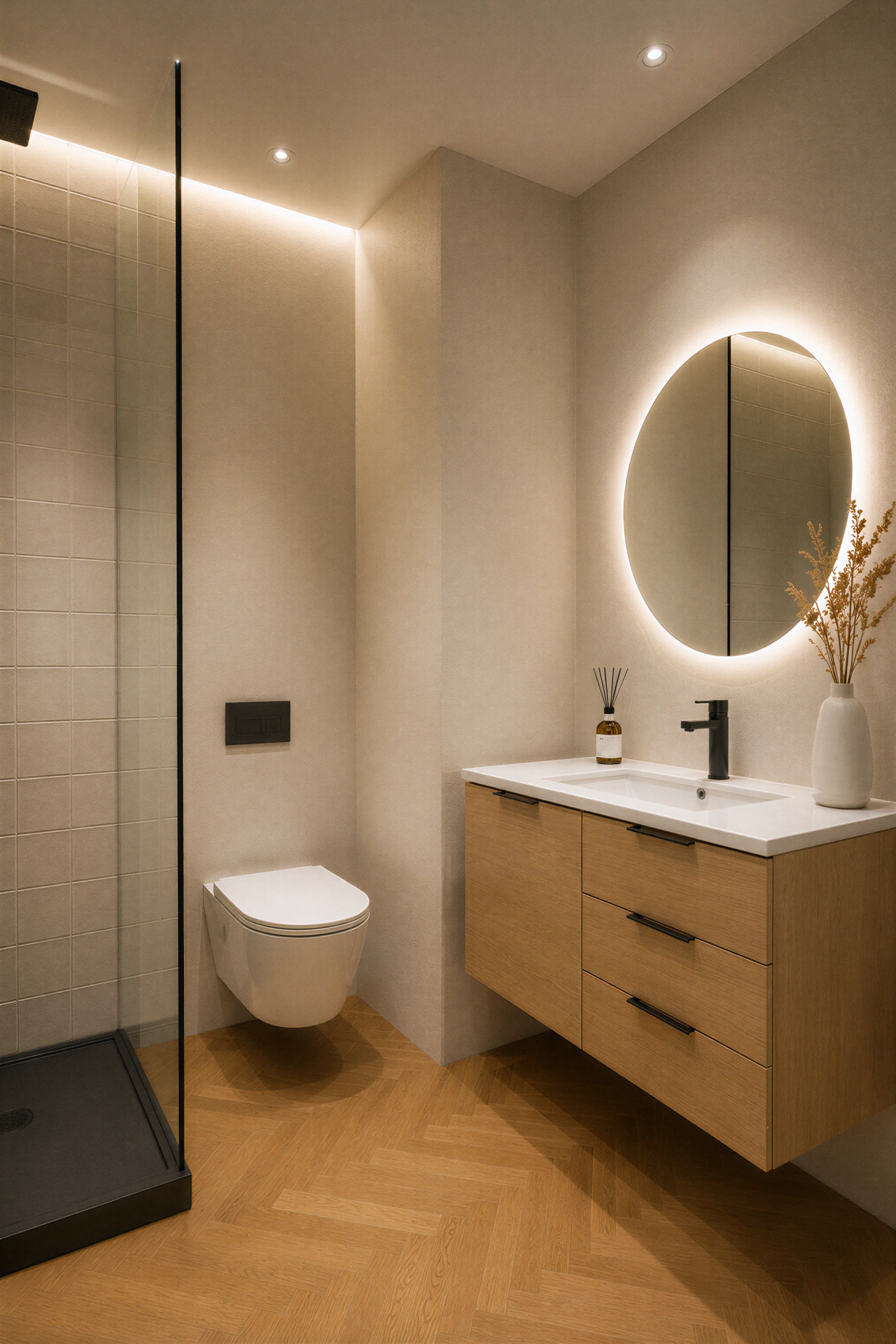 Badezimmer mit rundem beleuchtetem Spiegel und Waschtisch aus Eiche