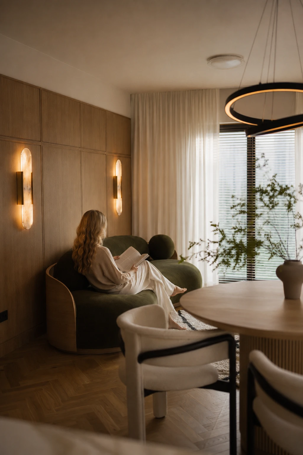 Frau liest am Fenster neben einem runden Esstisch