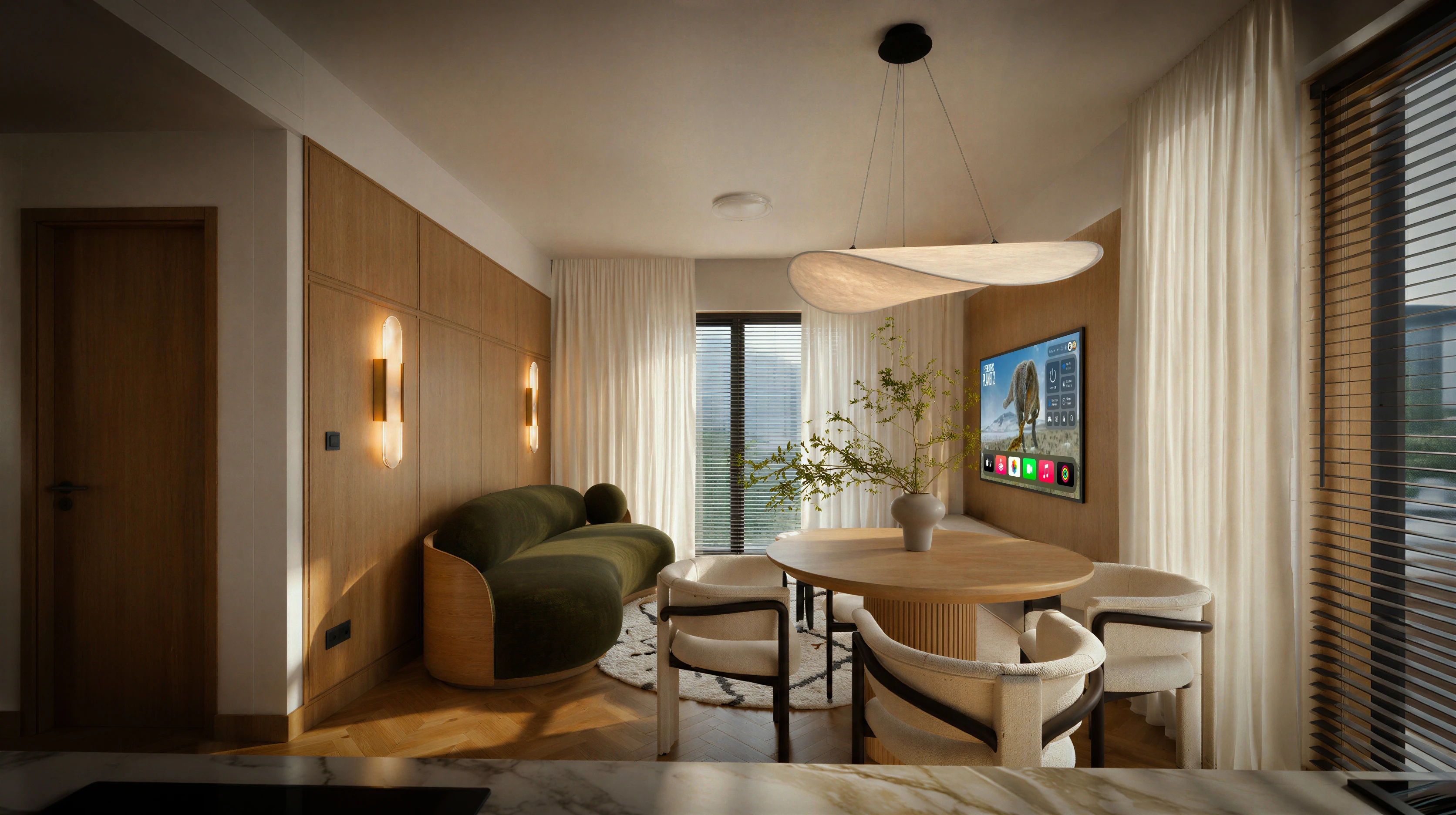 Apartment living room with a dining table