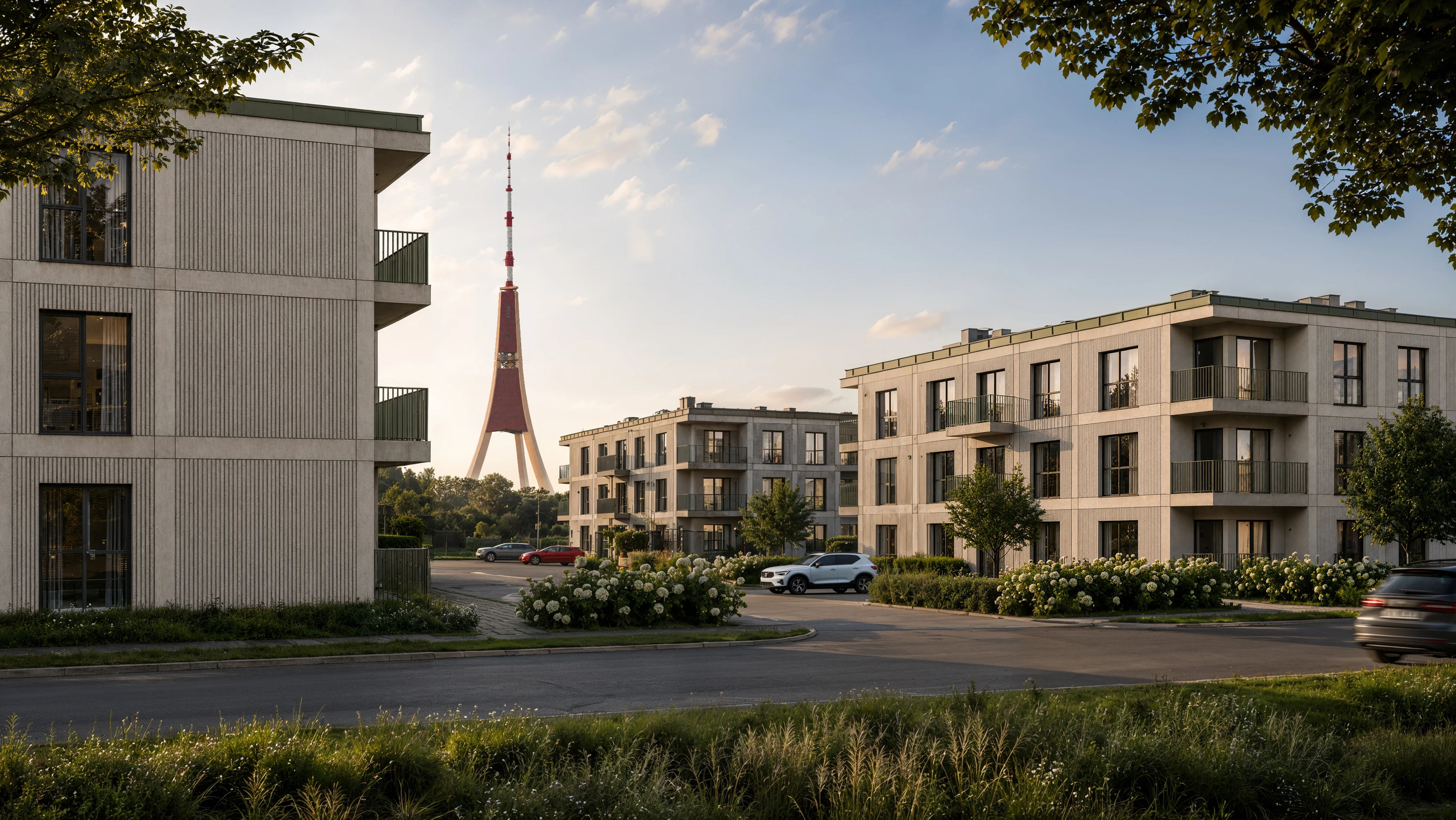 Three buildings of the quarter with the Riga TV tower behind
