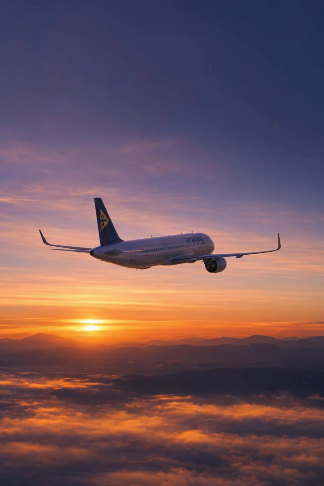 Verkehrsflugzeug über den Wolken bei Sonnenuntergang