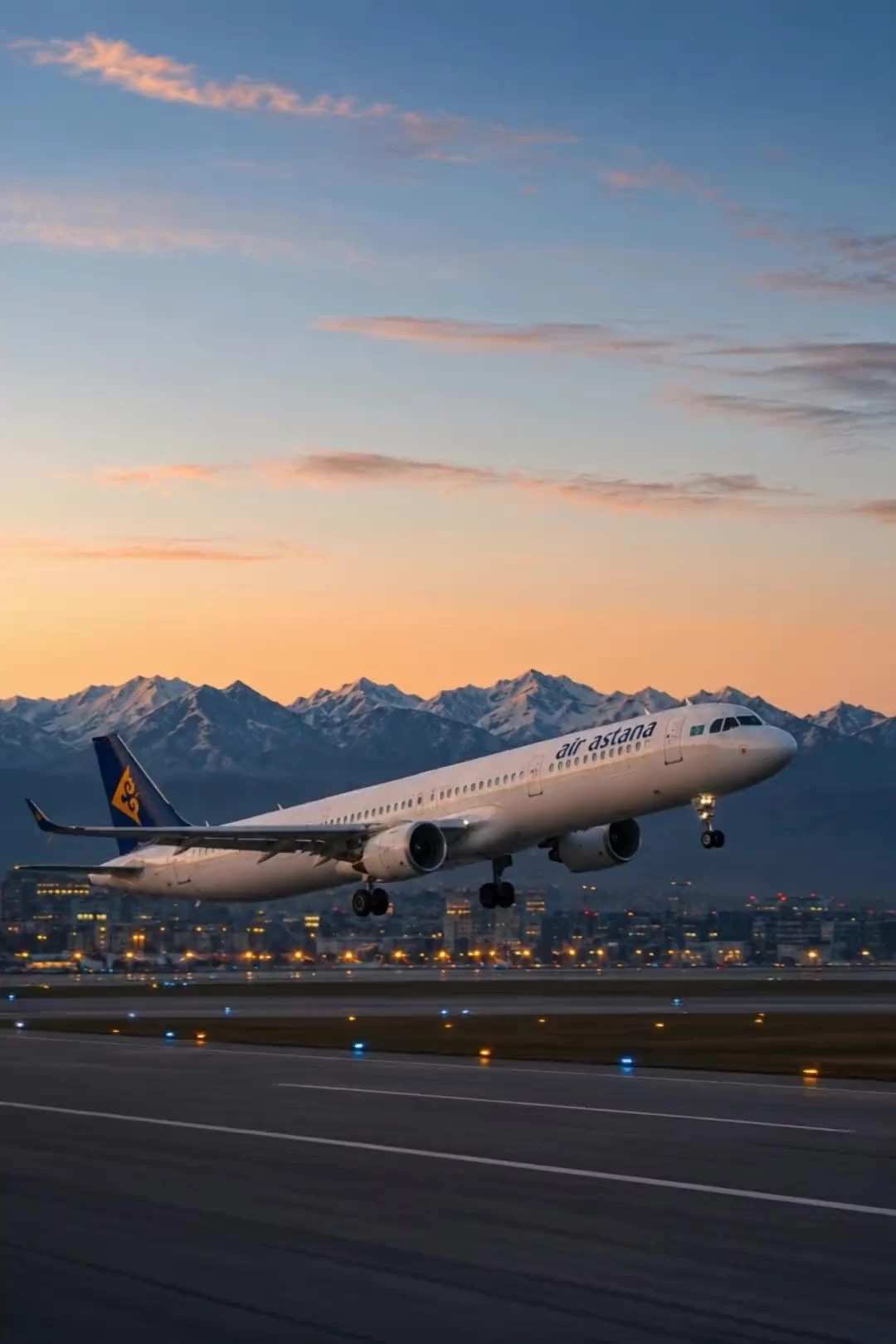 Verkehrsflugzeug startet in der Dämmerung vor schneebedeckten Bergen