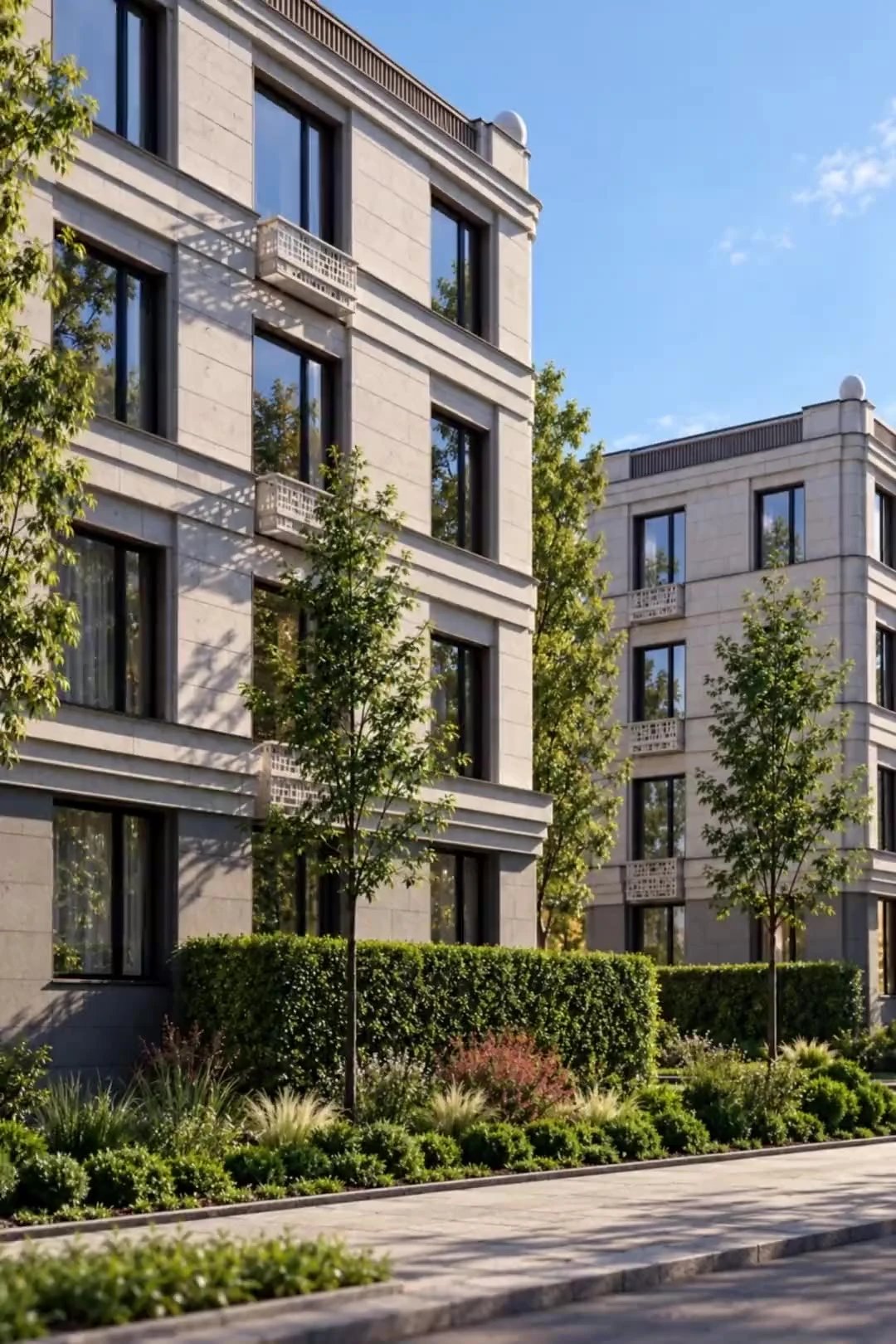 Wohnhäuser aus Stein mit durchbrochenen Balkonen hinter einer Hecke