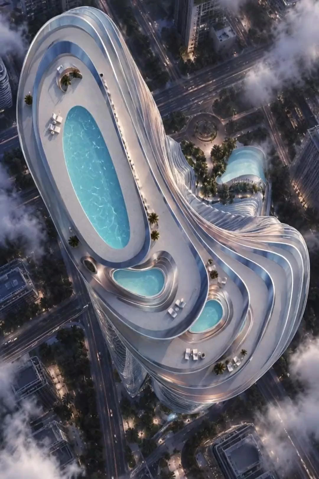 Blick von oben auf den Dachpool eines skulpturalen Turms