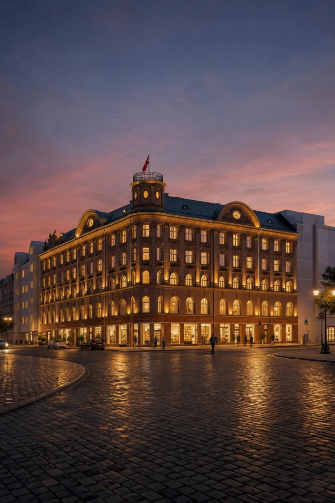 Historisches Eckgebäude mit beleuchteter Kuppel in der Abenddämmerung