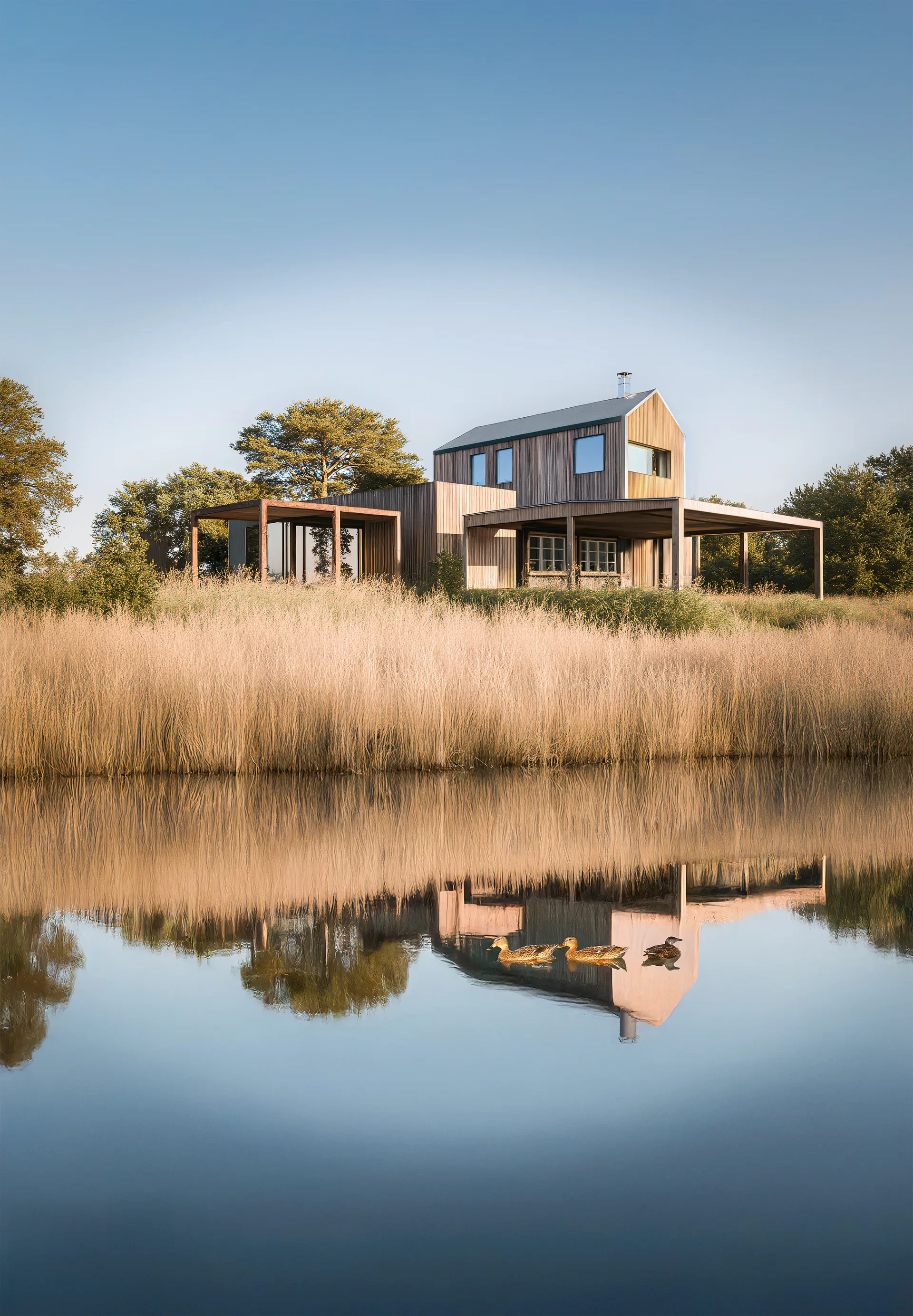 Timber house above golden reeds, reflected in a lake