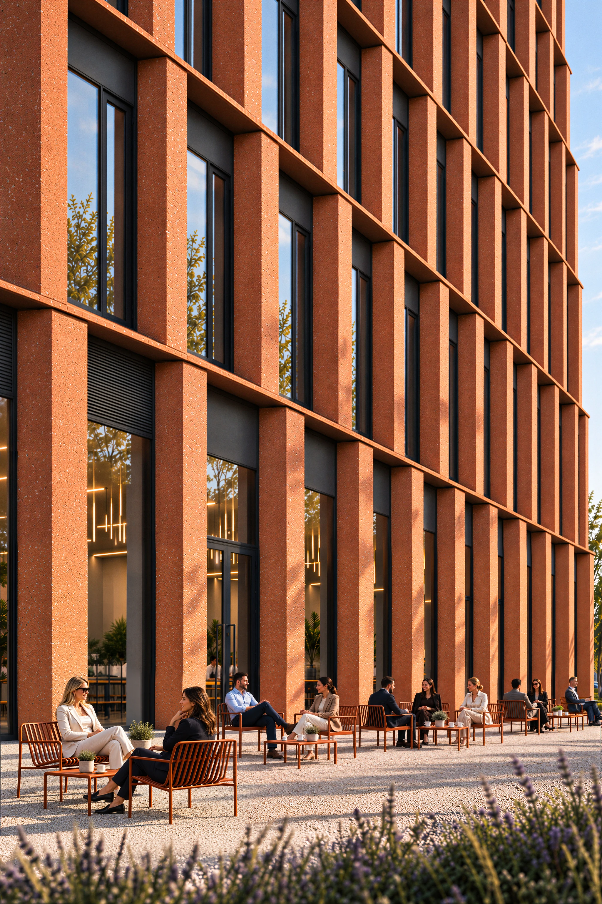 Terrakotta-Pilaster der Bürofassade über einer Café-Terrasse