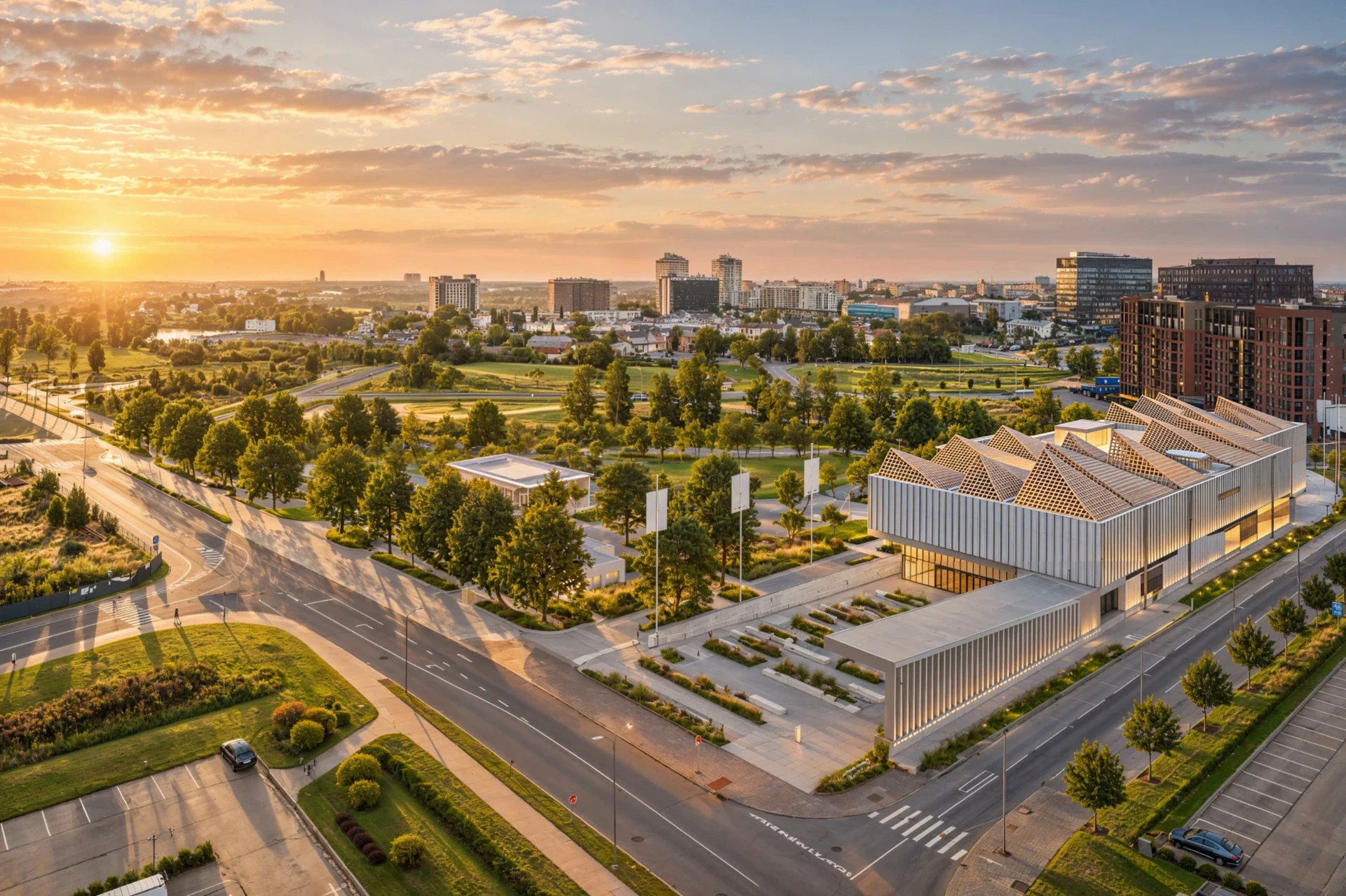 Das Viertel New Hanza aus der Luft bei Sonnenuntergang