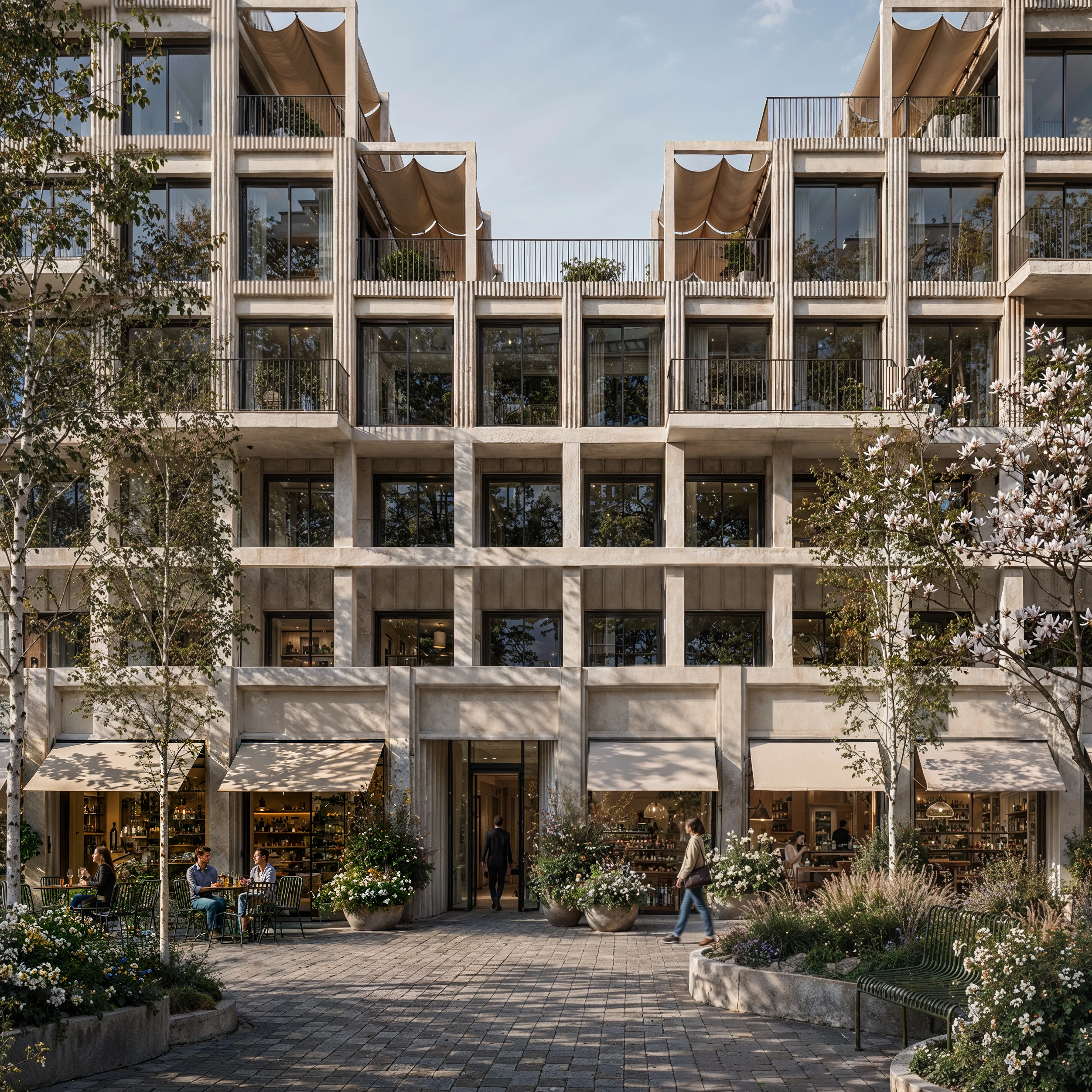 Courtyard facade with canvas awnings and shops on the ground floor