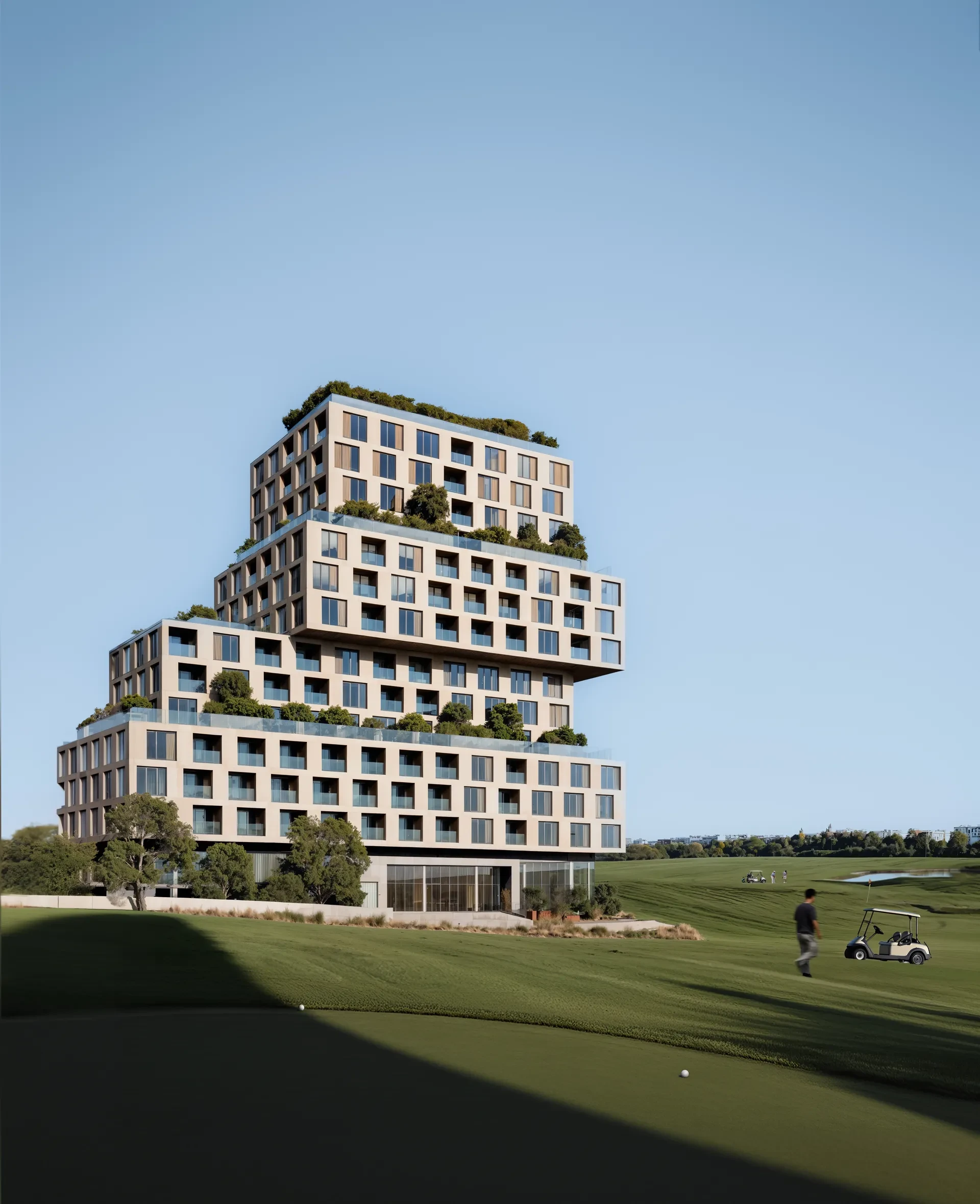 Stepped residential towers by a lake
