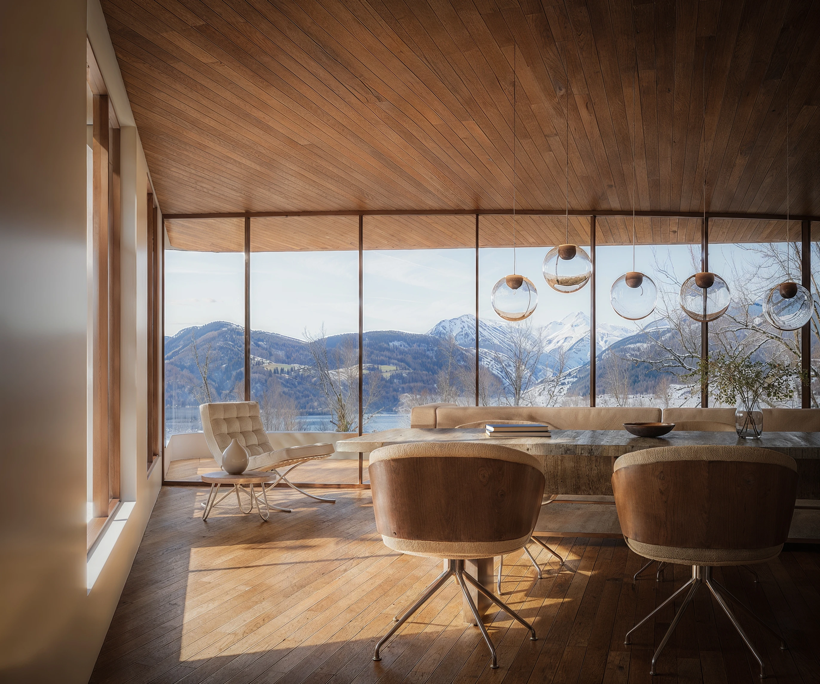 Esszimmer mit raumhohem Fenster und Blick auf einen See und die Berge