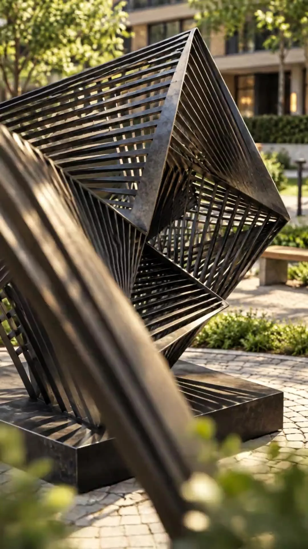 Gitterskulptur aus Stahl in einem Hof in der Nachmittagssonne