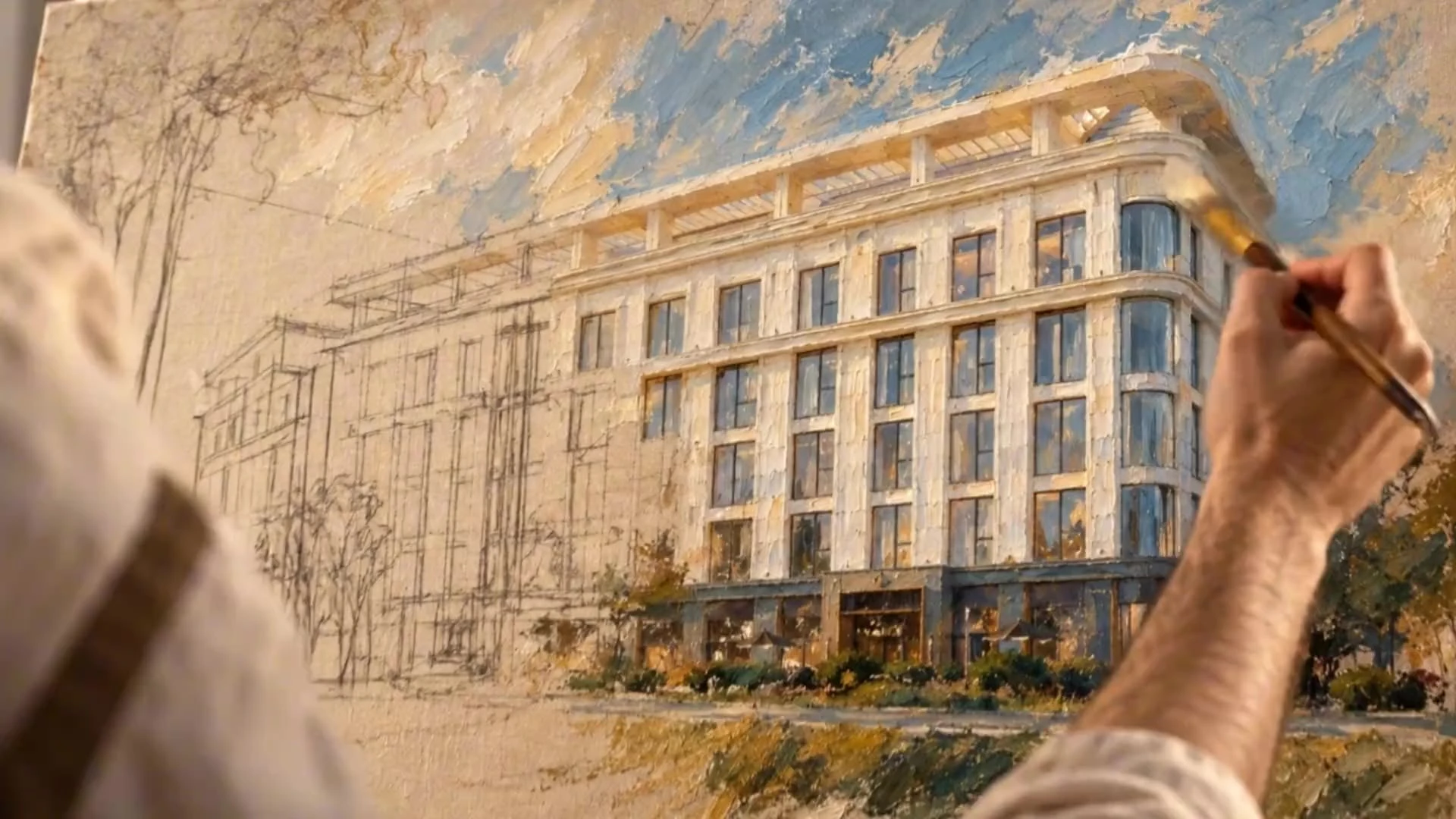 Eine Hand malt ein Gebäude auf eine Architekturskizze
