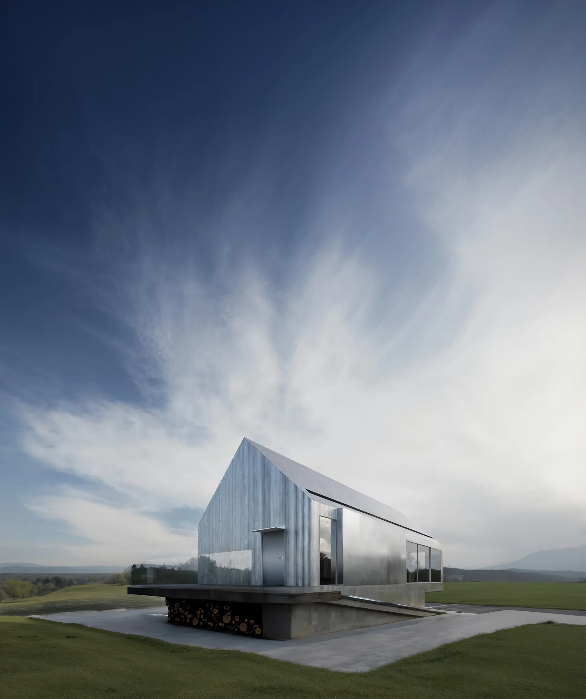 Mirrored cabin under a wide sky