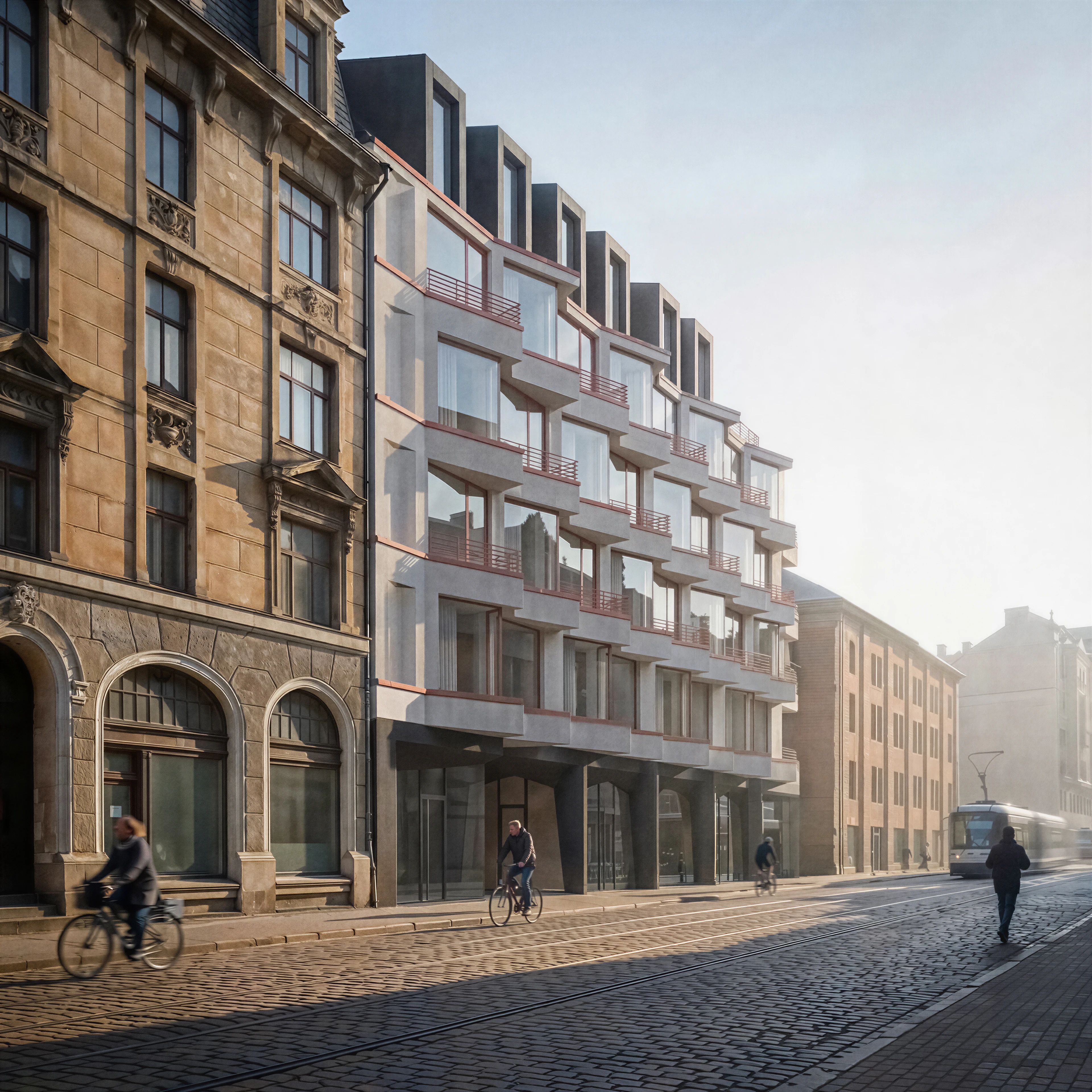 Neues Wohngebäude zwischen historischen Fassaden an einer Kopfsteinpflasterstraße